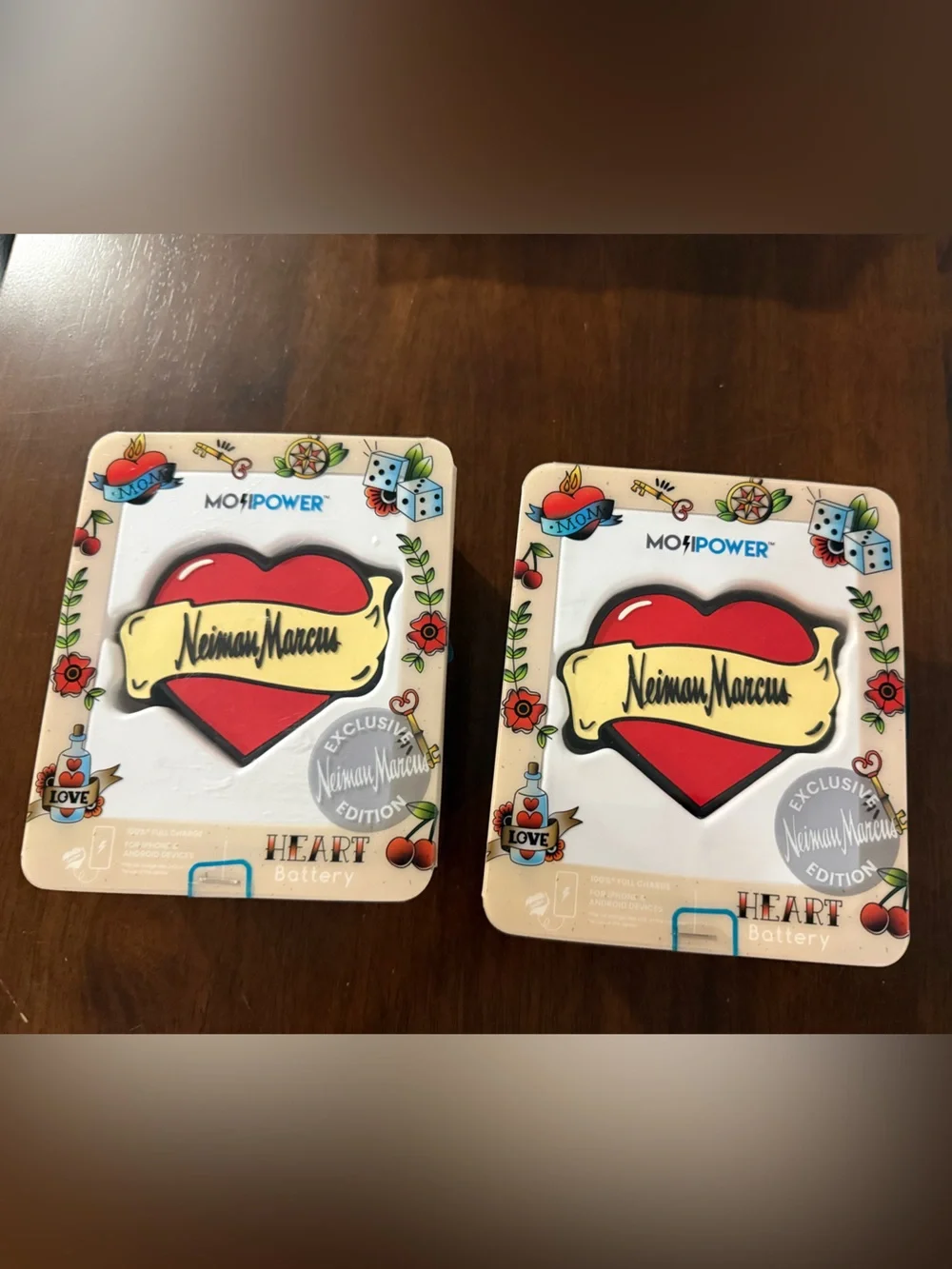 Neiman Marcus Red and Cream Heart Power Bank with Tattoo Accents